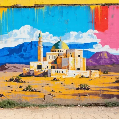 Umayyad Monastery Mural in Vibrant Spray Paint