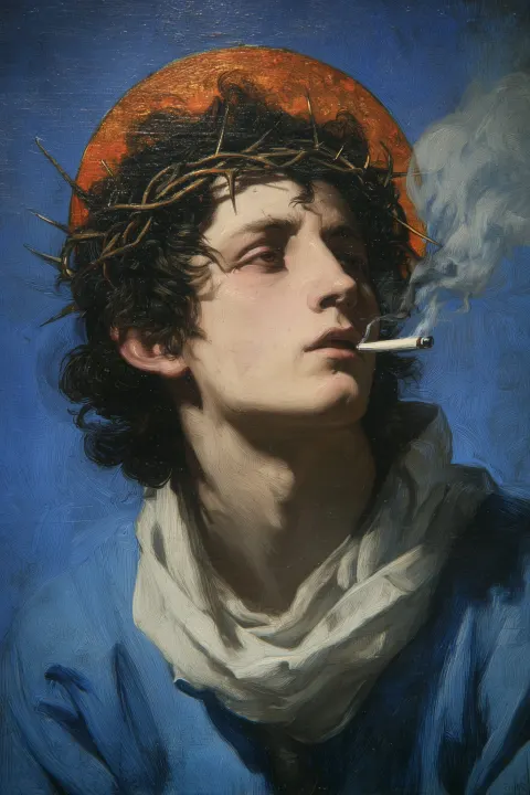 A figure with a crown of thorns, smoking a cigarette