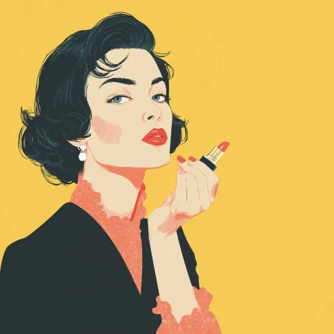 A flat vector retro image of a lady from the 1950's applying lipstick