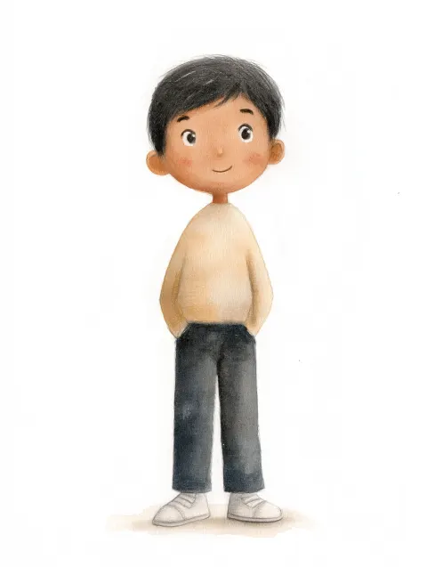 A small slight figure standing upright facing forward, full body visible from head to toe