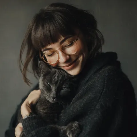 A happy woman hugs a cat, in the style of artist Elodie LostFish. Realistic photo portrait.