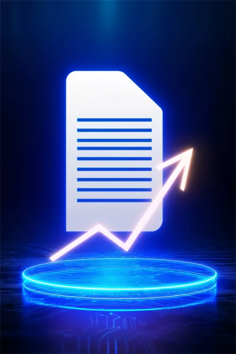 A high-end fintech visual showing a glowing digital document hologram above a futuristic dashboard