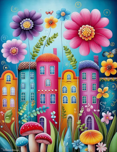 A high quality colorized coloring image of a group of pretty and colorful townhouse with pretty gard