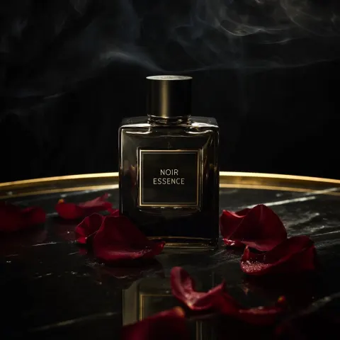 A luxury dark smoky glass perfume bottle with a minimal gold embossed label that reads "NOIR ESSENCE