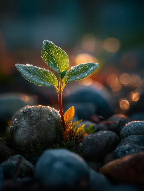 A hyper-realistic macro close-up of a tiny, vibrant green sprout emerging from ground rocks. The see