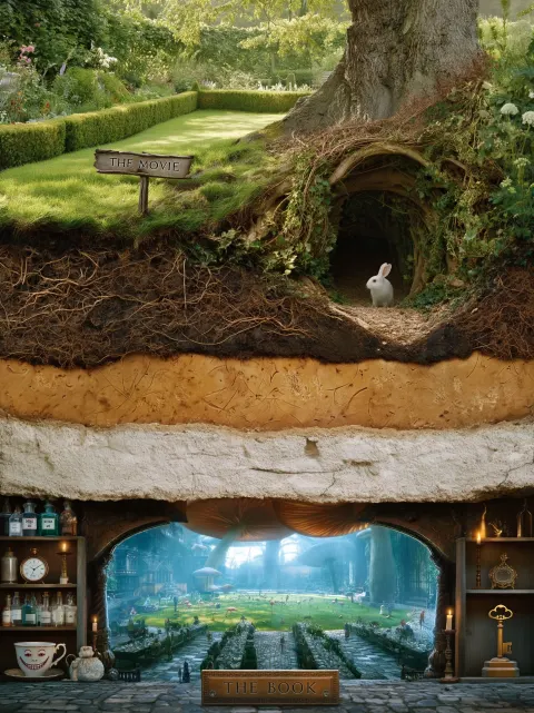 A hyper-realistic photographic cross-section of a rabbit hole entrance