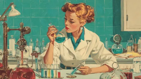 A lady making chemical experiments in a lab using test tubes in the style of 50s american ads
