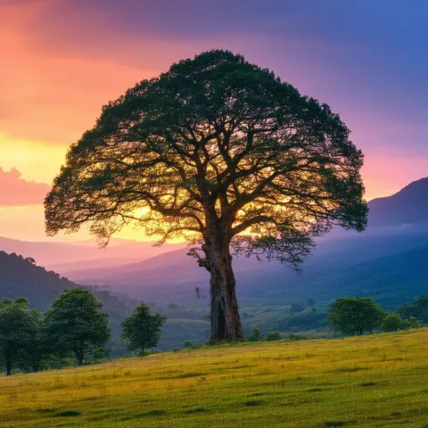 Lonely Giant Tree at the Valley Sunset