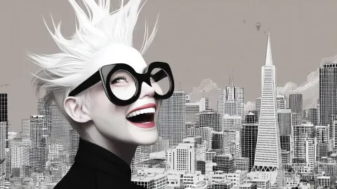 Woman with short white spiky hair wearing spectacles, whimsical smile