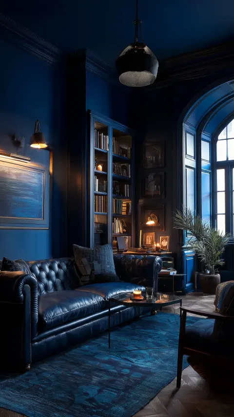A London apartment study in deep blue and slate lies still beneath moonlight at night. The blue stea