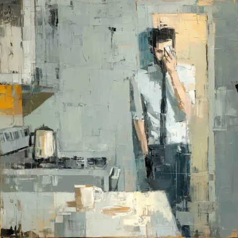 A man standing in a modest kitchen holding a phone after hearing a $1,500 repair estimate