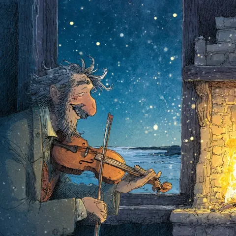 A man with a weathered face but very friendly is playing a violin in front of a brightly lit firepla