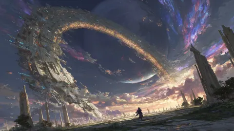 A massive ancient stargate suspended over a cosmic rift in a dying interstellar empire's capital