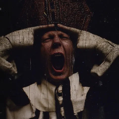 A medieval painting depicting a pope wearing a mitre hat and pointing his fingers at his own head wh