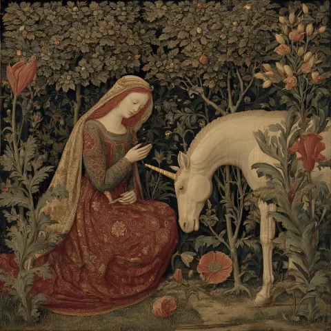 A medieval painting with a veiled red haired maiden and unicorn surrounded by botanical motifs inspi