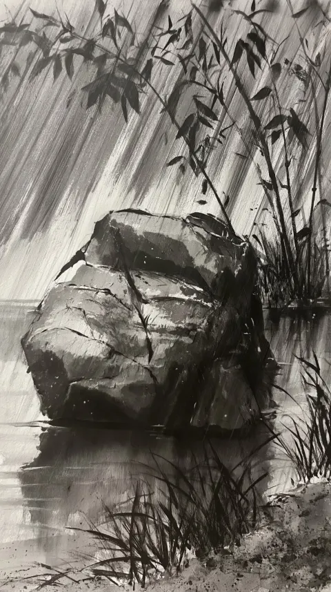A messy sumi-e painting of a large rock in a pond in the rain, bamboo and rushes grow by the lake.