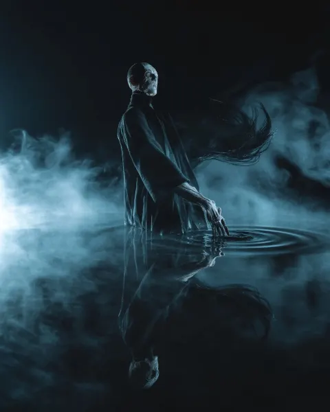 Wide cinematic shot, the undead magician standing knee-deep in a perfectly still black lake at night