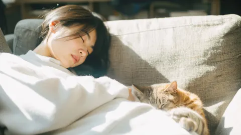 A Japanese woman napping on a sofa with a cat curled on her lap, bust shot