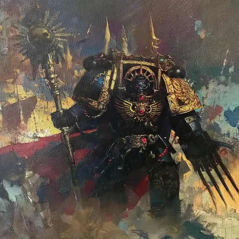 Oil painting style of Frank frazetta. horus lupercal 40k primarch Terminator in abandon black armor