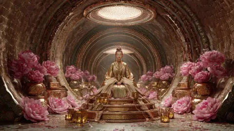 Octane Render.Chinese fantasy. A female cultivator's Nascent Soul sitting on a lotus platform inside
