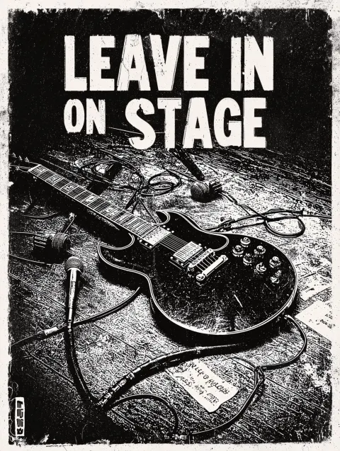 A top-down, high-grain photograph-turned-halftone graphic of a smashed black electric Gibson SG guit
