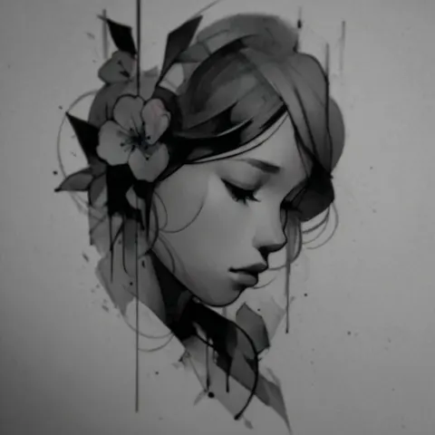 Dessins croquis minimaliste Victoria représentant le visage d'une jeune fille avec une fleur de ceri