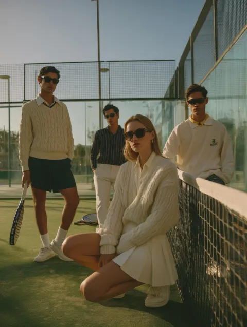 Editorial fashion campaign at an exclusive padel club, summer afternoon light