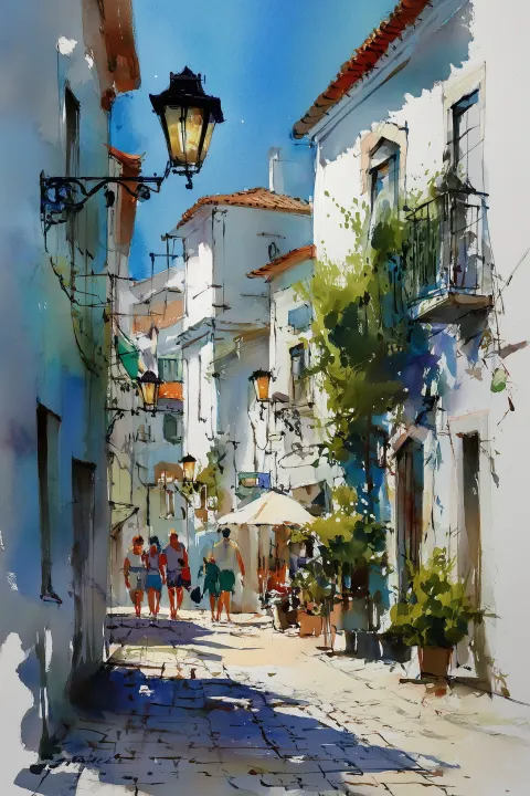 Watercolor painting in the style of Thomas W. Schaller painting with vivid colors image streets of a