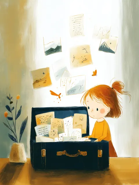Little girl opening an old vintage suitcase filled with paper worlds, with folded maps