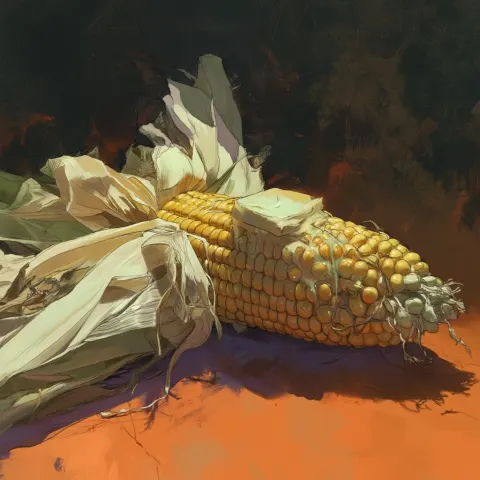 Corn on the cob, partially shucked, a square of butter melting on the cob, anime style