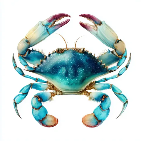 Teal crab realistic watercolor illustration, side view, isolated object on white background