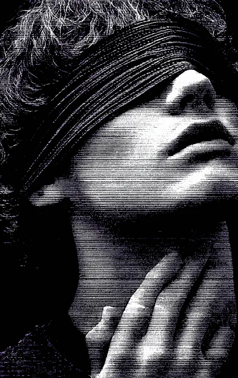 Vhs screengrab of latino male with ASCII style blindfold, dark shaggy hair , toasting in the air