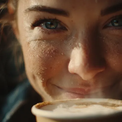 Extreme close-up video of a stunning young woman taking a slow sip of hot latte from a paper craft c