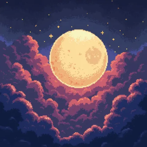 Full Moon Peeking Through Pixel Clouds
