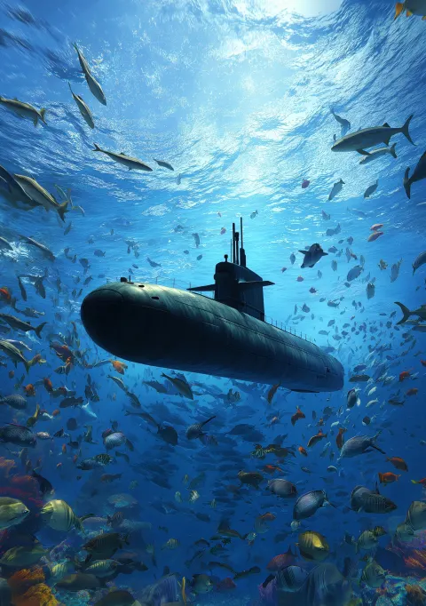 Submarine in the sea water, surrounding lots of fishes like shark and coloured fishes