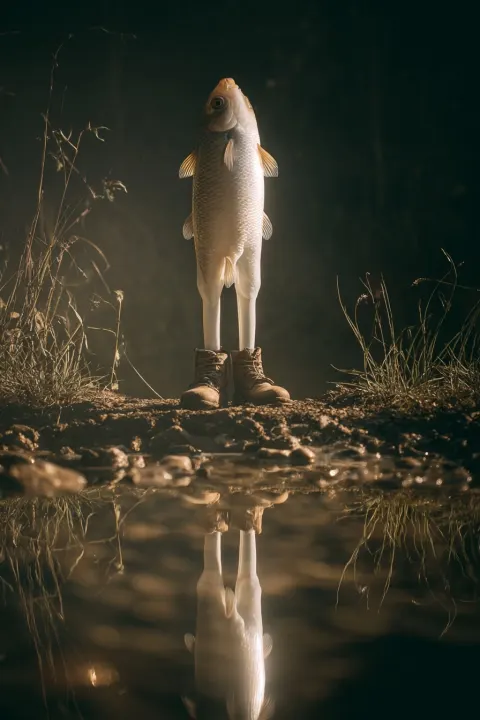Extremely dramatically lit, a realistic fish with two human legs stands on the edge of a pond