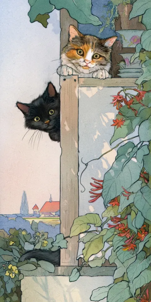 Two cats peeking, on the left side there is black kitten