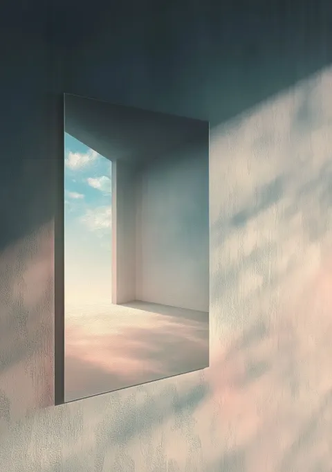 A high-quality rectangular mirror, with its surface serving as the focal point of the image. The mir
