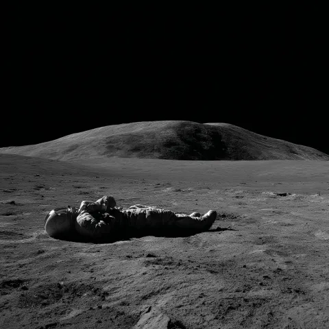Moon landscape, desolation and silence, only disturbed by an astronaut lying on the floor