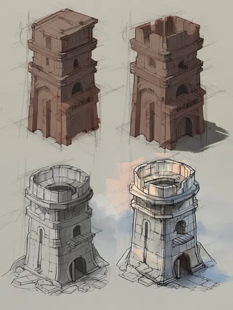Wooden Tower defense game tower exploration sketches, architectural style. Stylized
