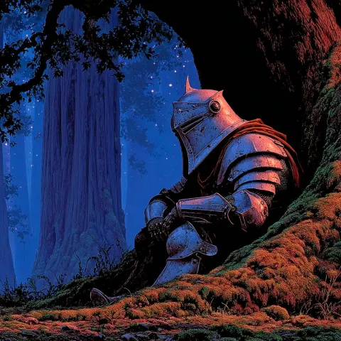 Dark fantasy, lone armored knight resting beneath a massive twisted tree, full plate armor