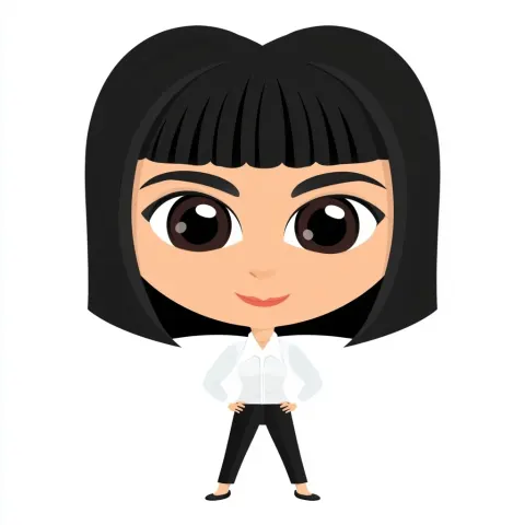 Cute girl, 2D cartoon character, short bob hair, large eyes, straight bangs, simple white background