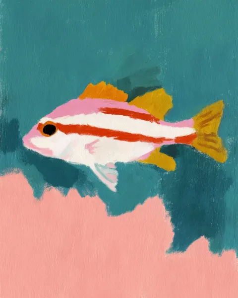 Llustration of a small fish, in a flat style, with pastel colors and a striped background