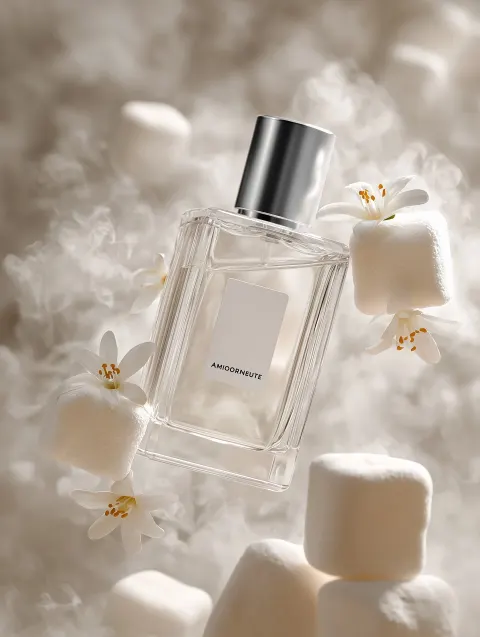 A soft fantasy floating product shot of a completely empty transparent perfume bottle (same design a