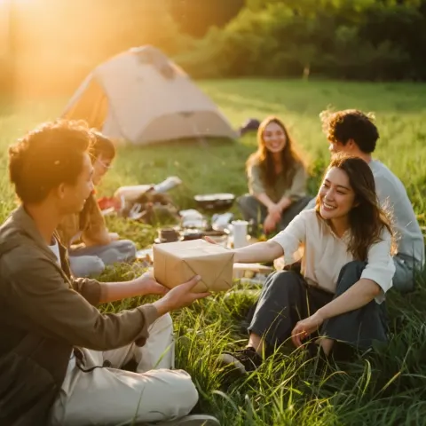 Friends Camping on a Green Meadow at Golden Hour