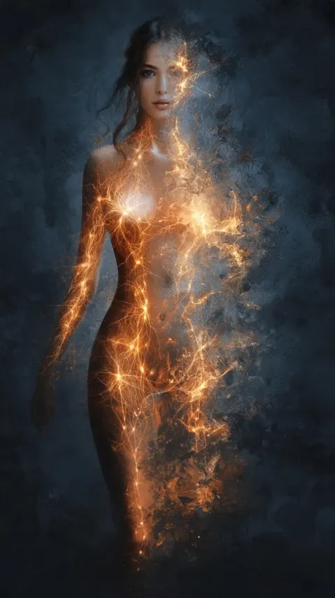 Split human figure, one side female calm symmetrical glowing nervous system