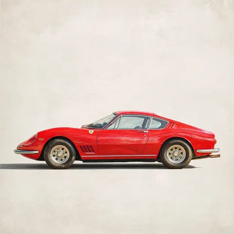 Classic luxury red sports car (1960s-70s Ferrari or Porsche style), full body visible