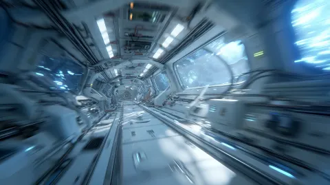 Space station interior, first-person fly-through perspective, dynamic forward motion