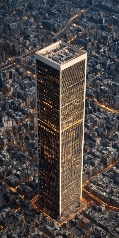 A tall skyscraper in the middle of an urban cityscape at night