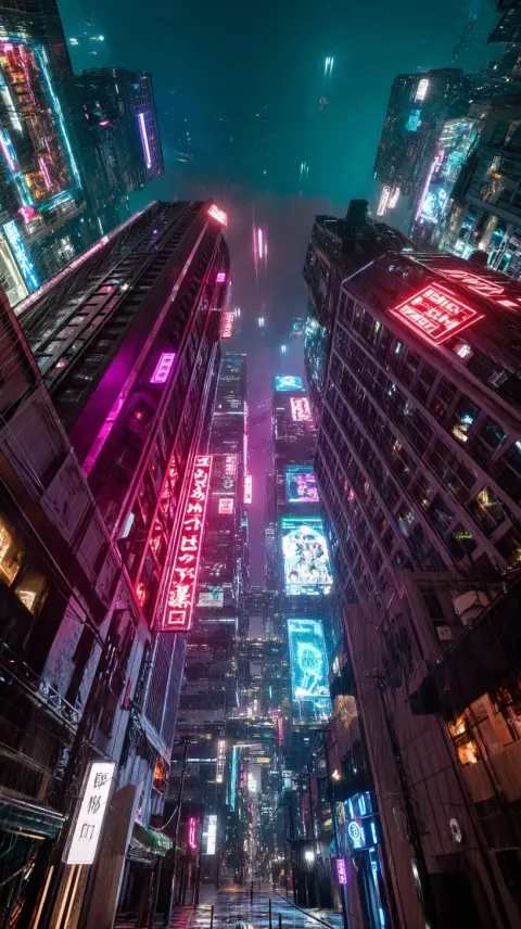 Cyberpunk cityscape, endless vertical megastructure, view from a narrow alley looking up